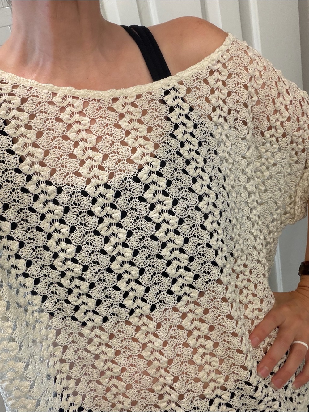 Crochet Openwork Boatneck Top in Cream H&M